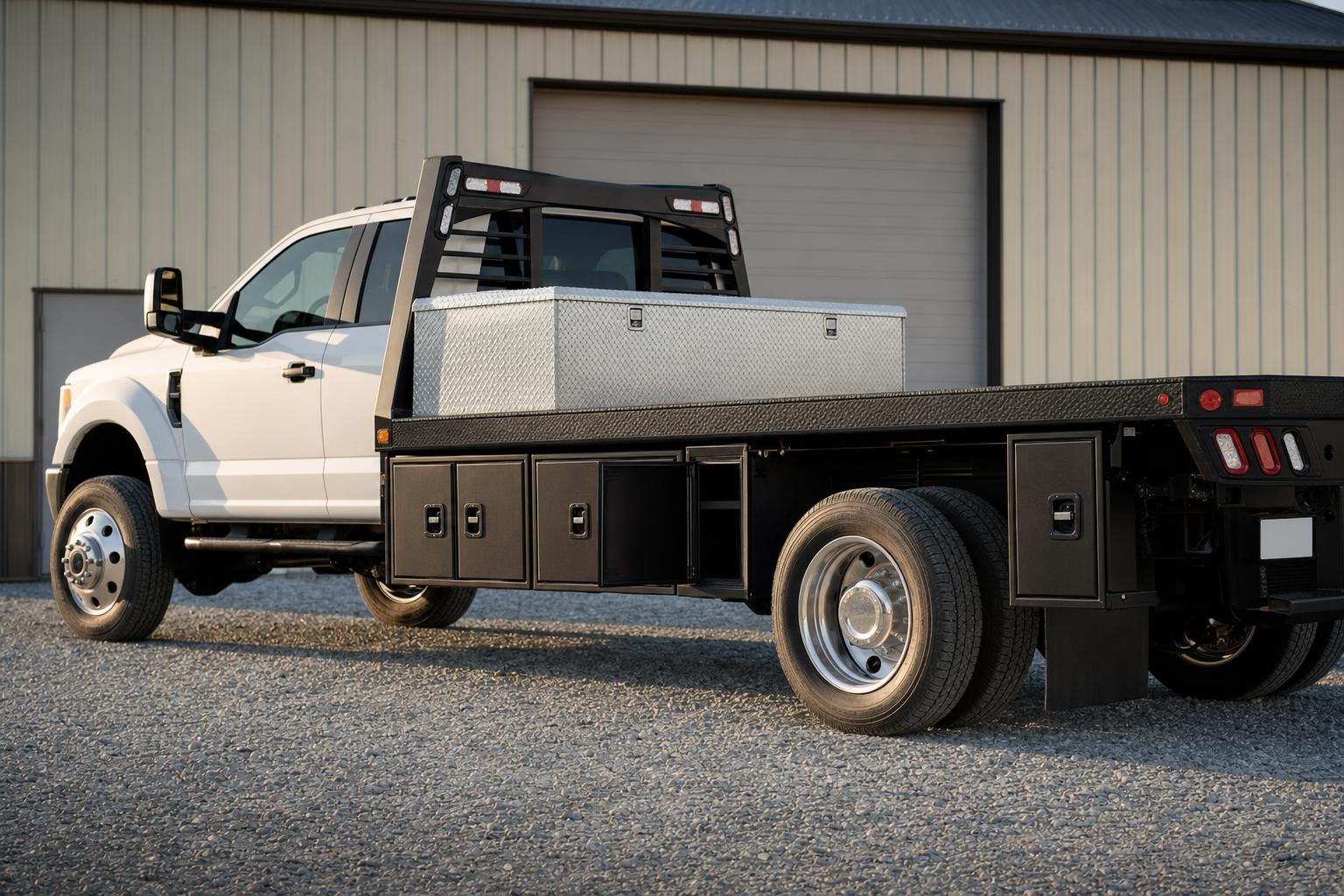 Flatbed truck with underbody storage boxes, one door open