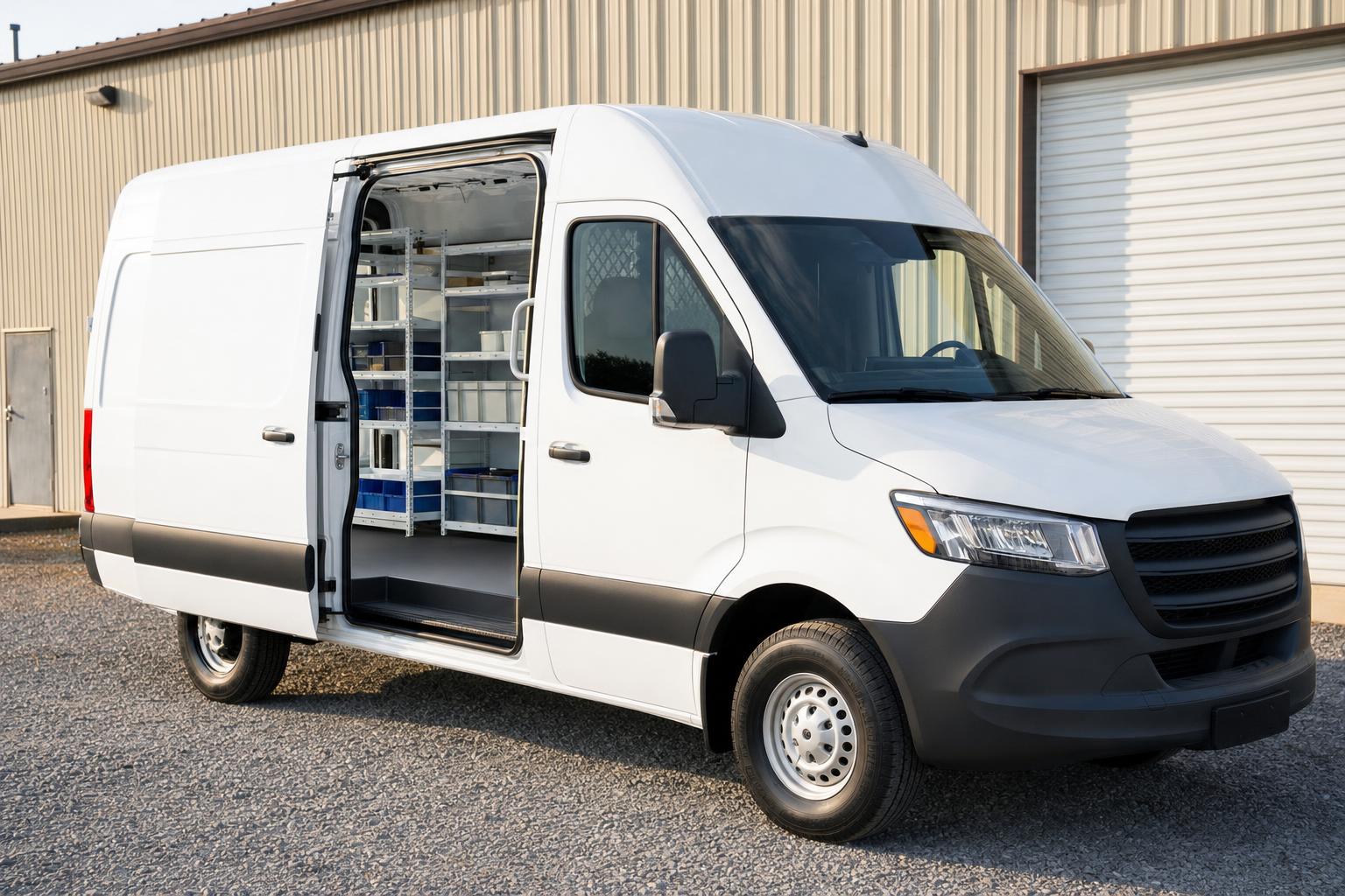 White cargo van with the side door open and shelves inside