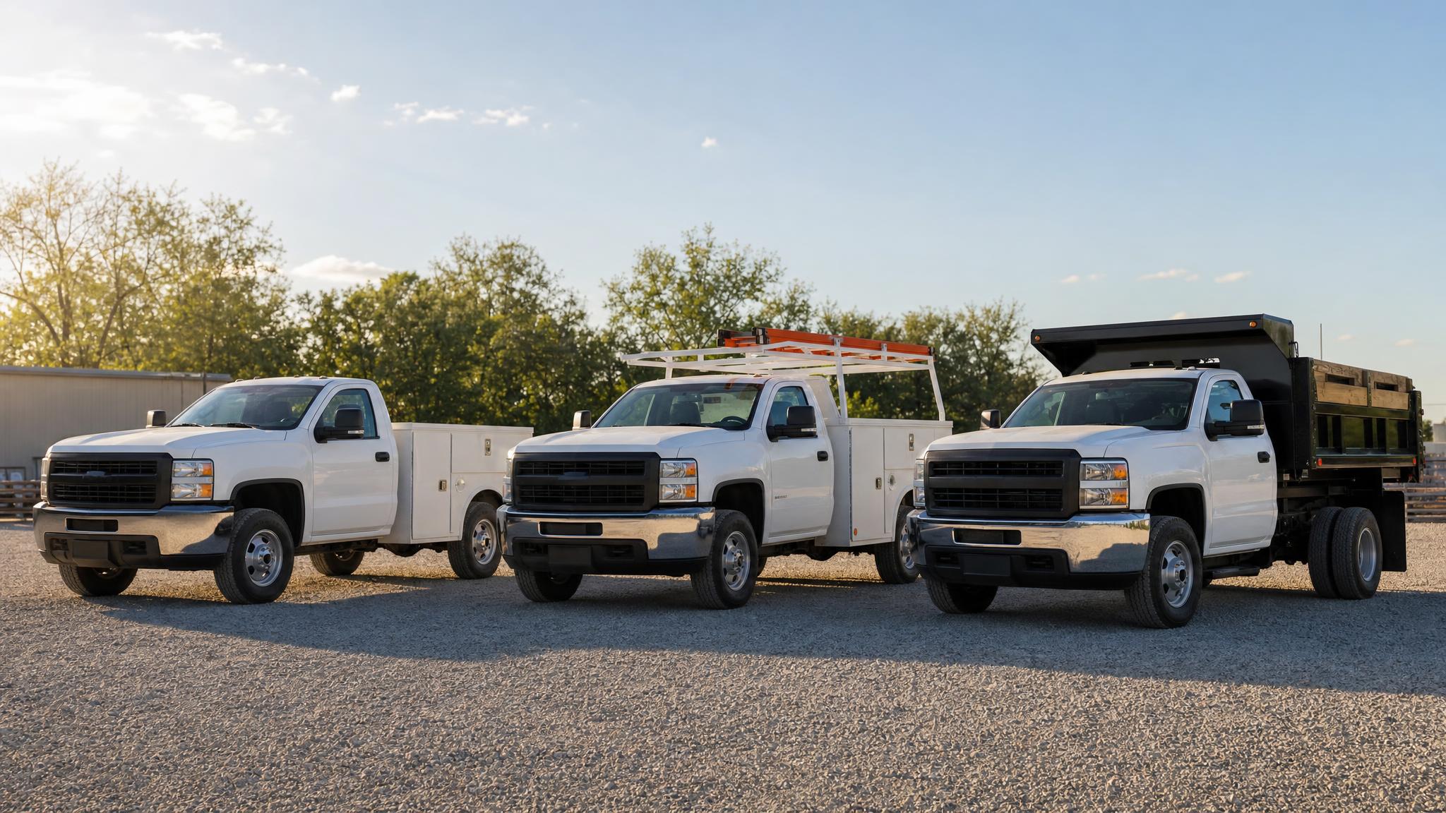 Three finished work trucks lined up on a gravel yard