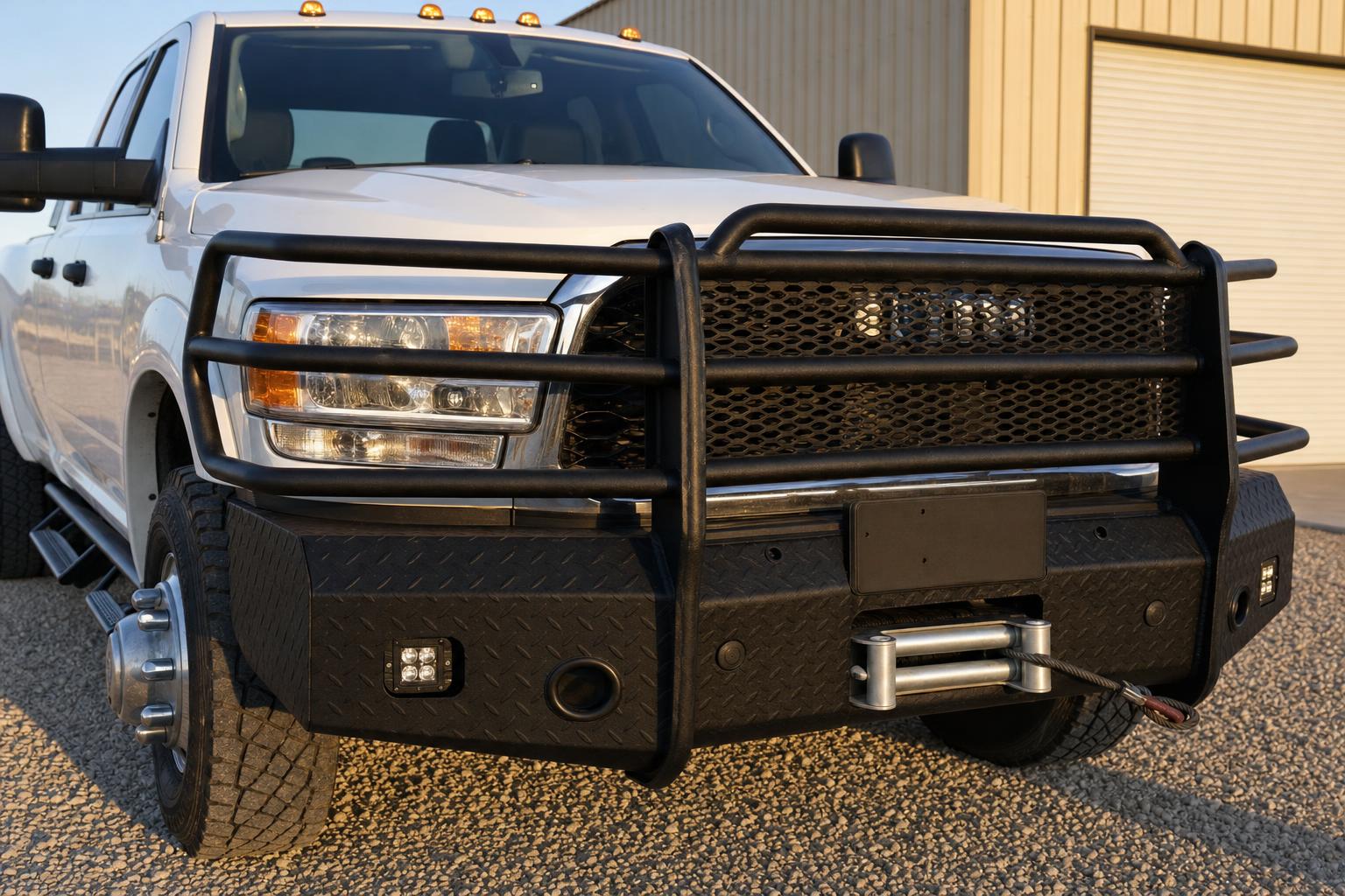 Close view of a black grille guard and winch on a white pickup