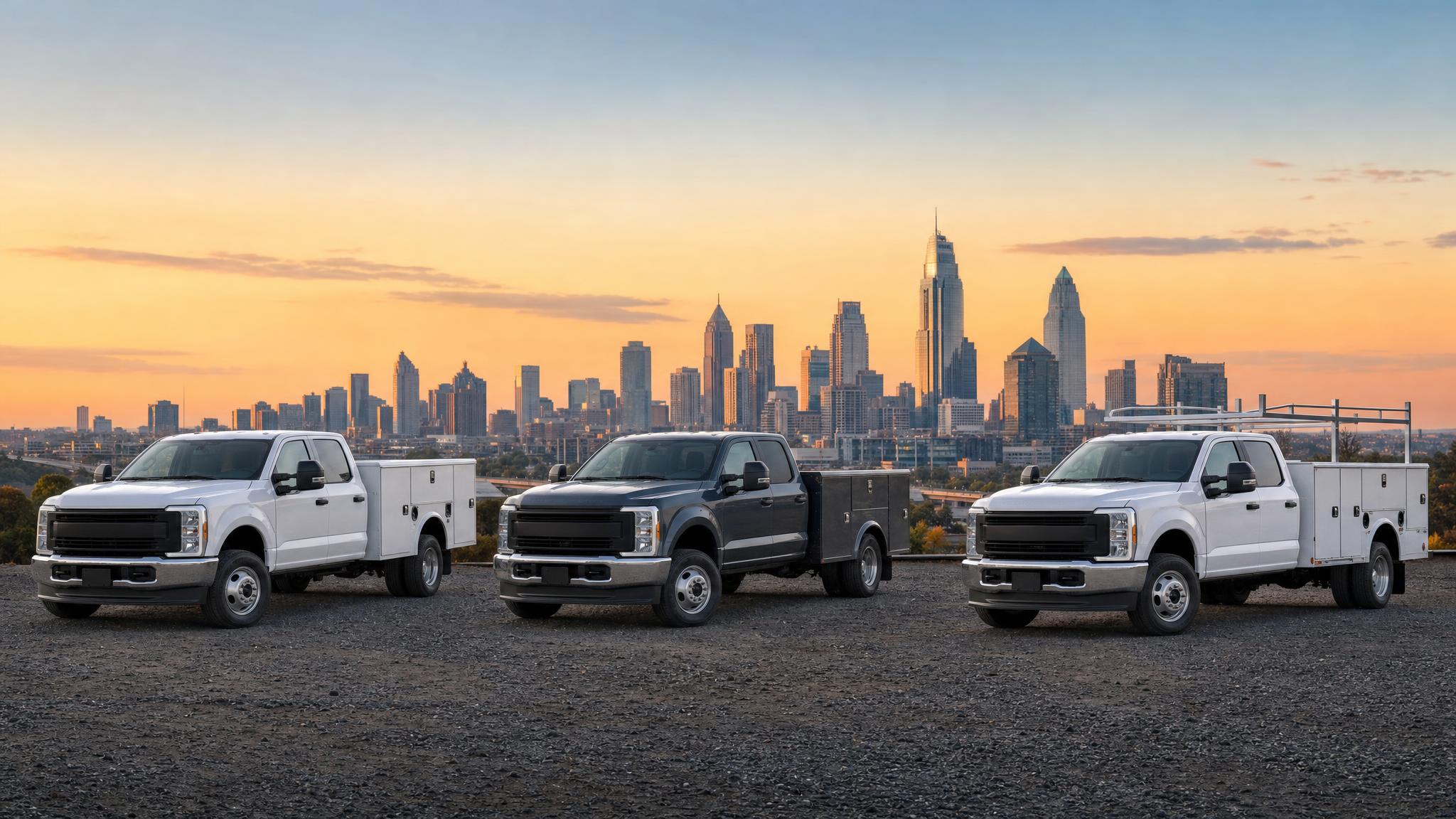Commercial work trucks parked in front of the Atlanta skyline at sunset