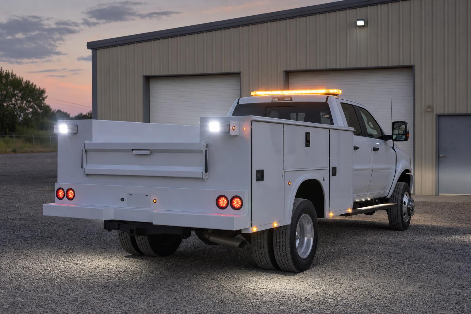 Service-body truck at dusk with scene lights and an amber light bar on