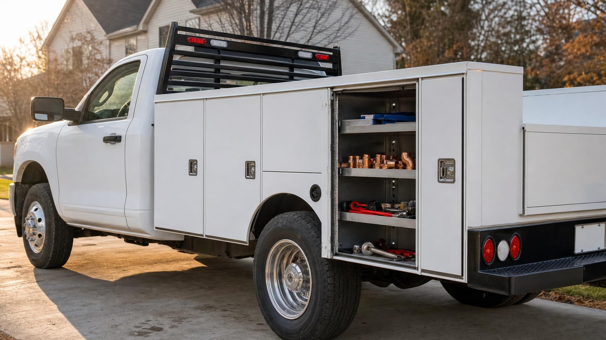 White service-body work truck with a compartment open