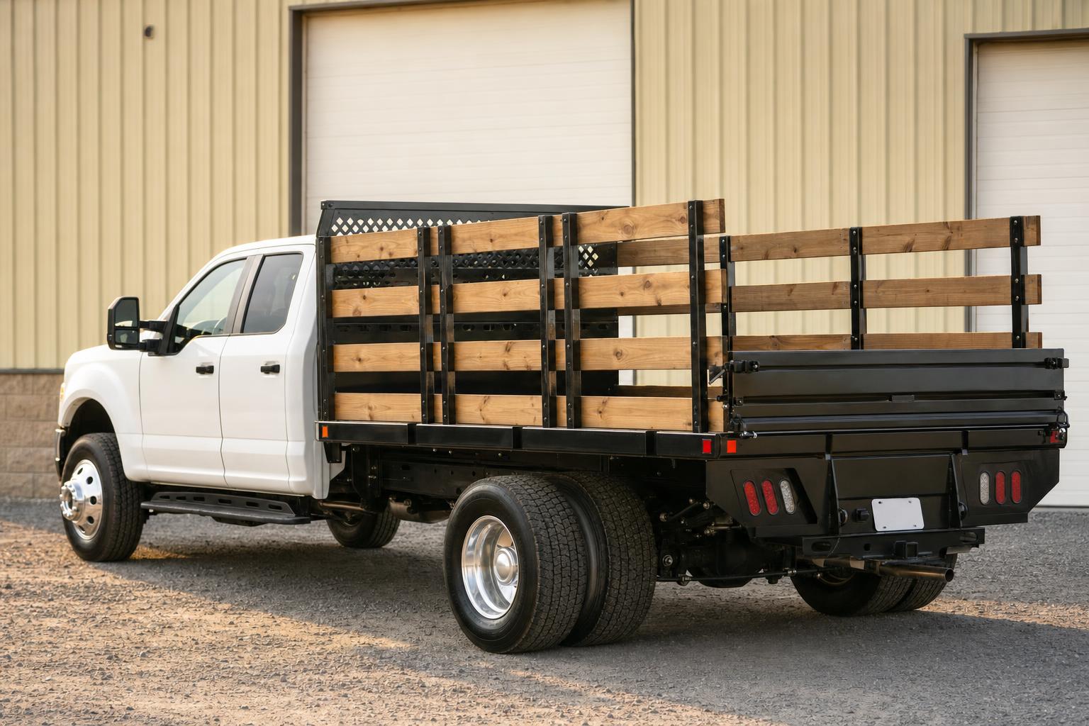 White work truck with a landscape stake body