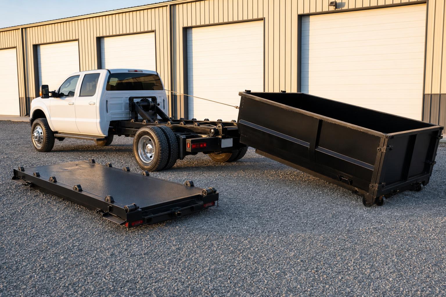 White truck winching a black dump body off a roll-off frame, with a flatbed waiting on the ground