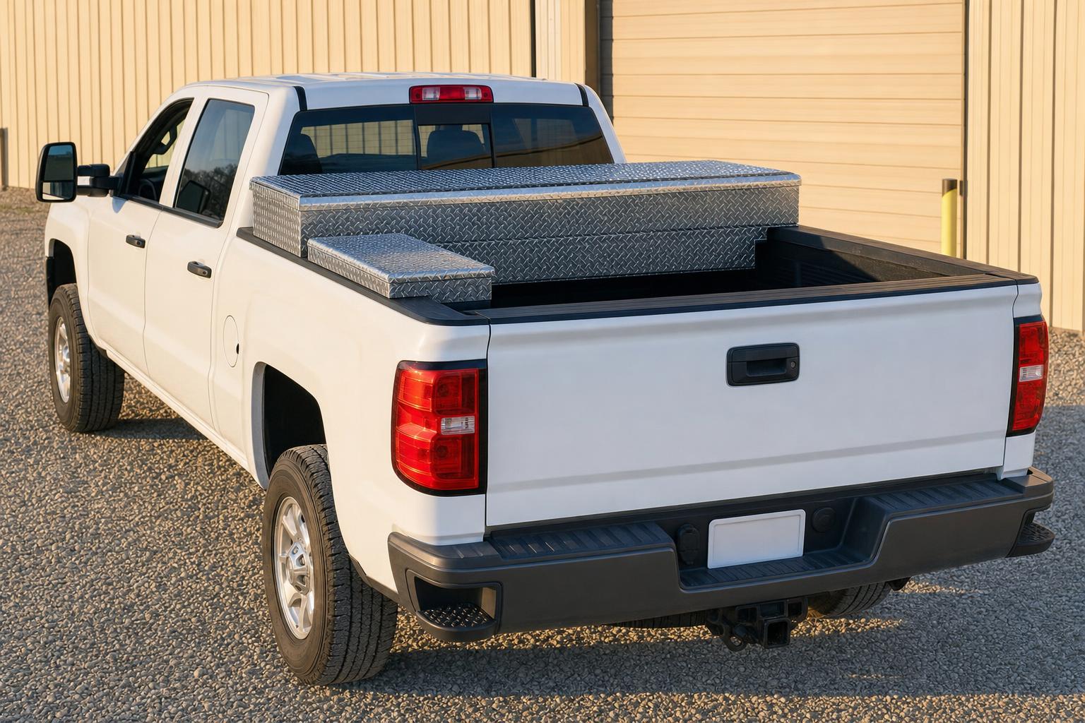 White pickup with a diamond-plate crossover toolbox in the bed