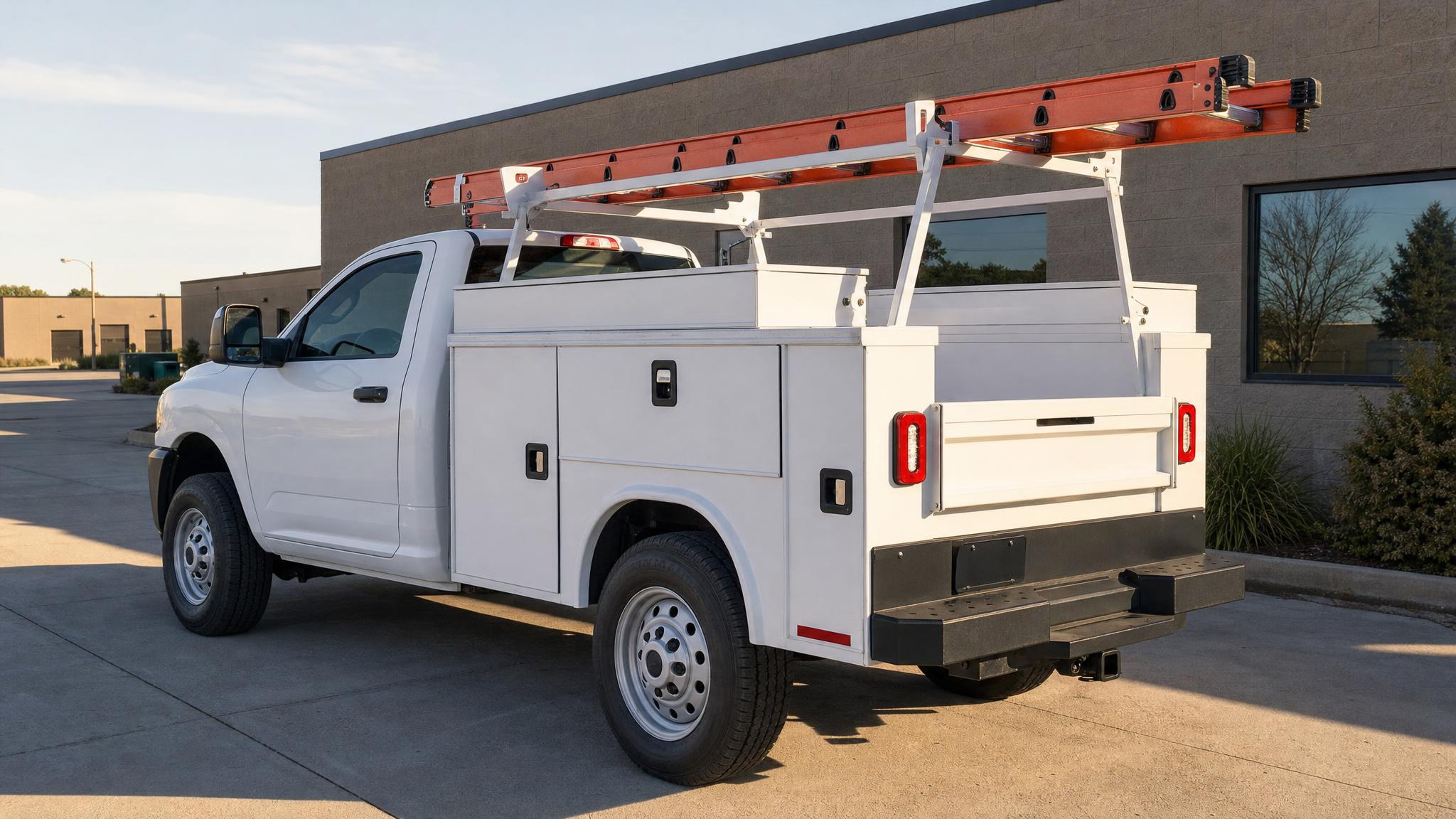 White utility-body truck with a ladder rack