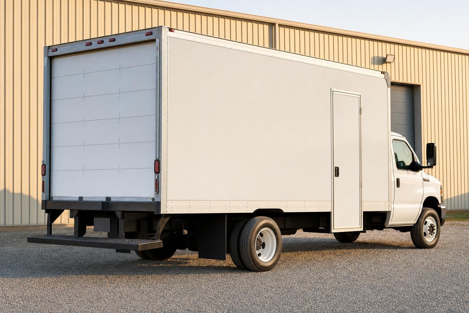 White cutaway truck with a tall aluminum van body